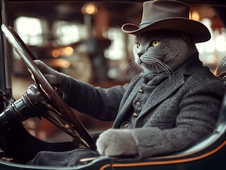 Gray cat in vintage attire drives antique car