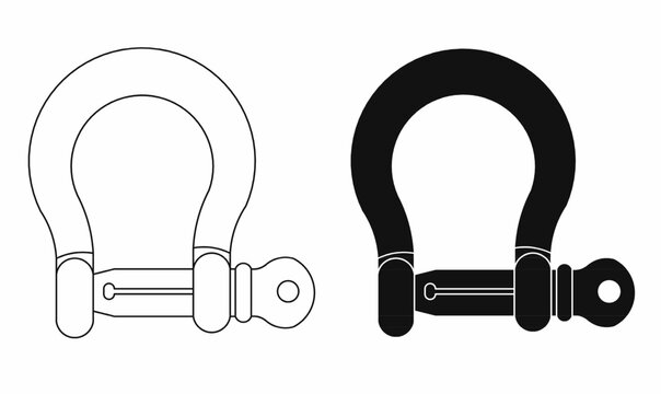 Vector illustration of a heavy-duty shackle clip in black and white. Ideal for marine, rigging, climbing, towing, or industrial safety equipment design projects.Heavy Duty Connector illustration. 