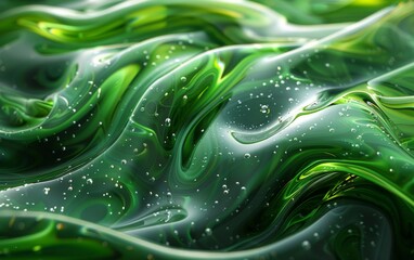 Swirling green liquid captured mid-motion forming dynamic curves with glossy surfaces radiating under focused light on black backdrop. Fluid motion design concept