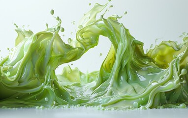 Swirling motion of green liquid forming a rising column, soft highlights reflecting from the surface, sharply contrasted by the white background concept