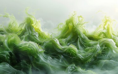 Swirling motion of green liquid forming a rising column, soft highlights reflecting from the surface, sharply contrasted by the white background concept