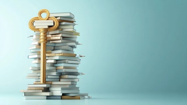 Giant golden key made of books and pencils symbolizes knowledge and creativity Generative AI