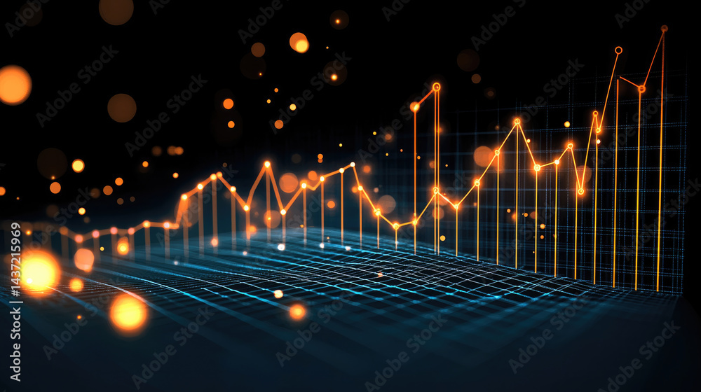 Aufkleber Glowing orange line graph with data points and bokeh light effect on dark background, representing financial growth, analytics, and futuristic technology concepts