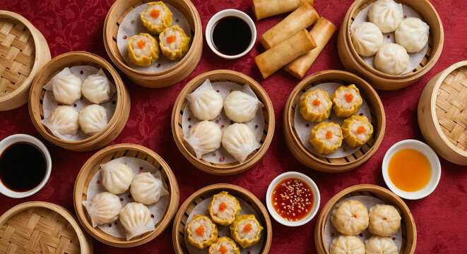 Overhead View of Dim Sum and Spring Rolls on Red Patterned Cloth