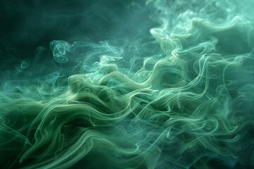 Thin strands of neon green smoke rising fluidly against wide black cinematic background. Abstract vapor concept