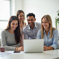 현대적인 사무실에서 다양한 인종의 전문가들이 함께 협업하며 노트북을 중심으로 웃으며 아이디어를 논의하는 장면, 밝은 자연광, 깔끔하고 미니멀한 작업 공간, 고해상도