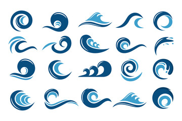 Water wave logo design. Wave shapes collection. Set of sea wave logo in blue . vector illustration