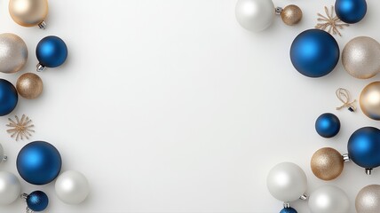 Elegant Christmas Ornament Arrangement christmas ornaments blue gold silver white background holiday
