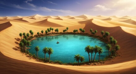 Desert Oasis Scene with Palm Trees and Turquoise Water Illustration