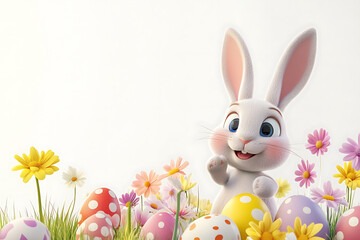 Obraz premium Cheerful cartoon bunny surrounded by colorful Easter eggs and flowers in a bright setting