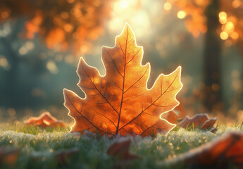Frost-Covered Autumn Leaf on Grass with Blurry Trees in Background