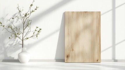 Minimalist Interior with Wooden Artwork and Plant interior design minimalism wood artwork vase light