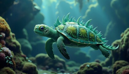 Obraz premium Sea turtle swimming underwater with spiky shell in ocean marine life wildlife photography art design