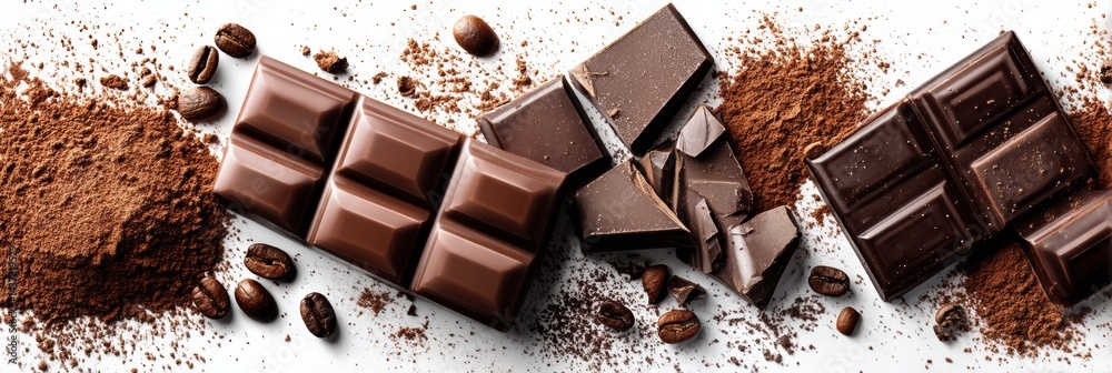 Poster Broken Chocolate Bar and Cocoa Powder Create a Delicious Flatlay on a Bright White Background