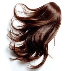 Realistic photograph of long, flowing brown hair floating in the air against a white background.