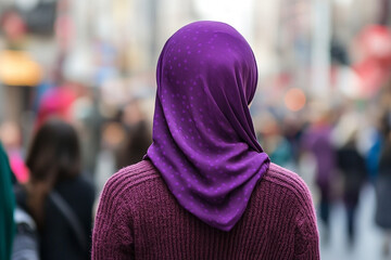 Purple headdress in urban scene, conveying cultural identity and modern lifestyle