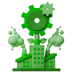 Green manufacturing power plant with gears and leaves emitting clean energy in sustainable environment concept.