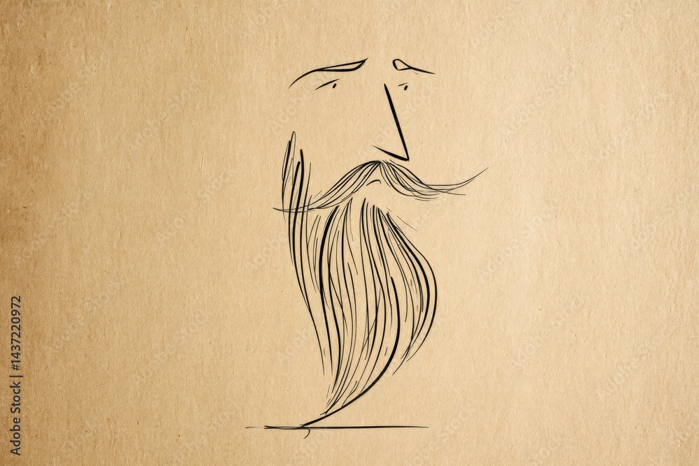 Poster minimal one-line illustration of a beard on craft paper texture evokes simplicity and artistic expre