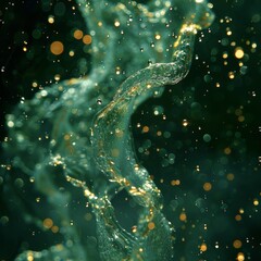 Viscous green liquid twisting mid-air, illuminated against a deep black background. The fluid glows faintly, with droplets suspended in time concept