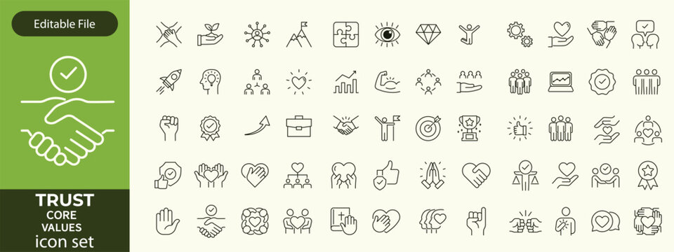Trust line editable icon set. Containing trustworthy, confidence, credibility, promise, friends, truth, faith, honesty, core values, and more. Vector illustration