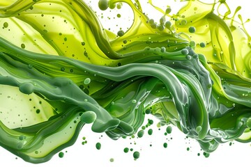 Vivid green fluid splash arcing upward forming dynamic curves and smooth surfaces isolated on white background. Abstract liquid motion concept