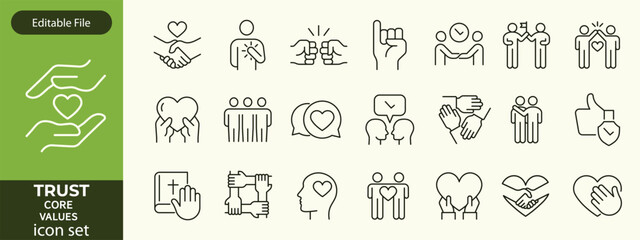 Trust line editable icon set. Containing trustworthy, confidence, credibility, promise, friends, truth, faith, honesty, core values, and more. Vector illustration