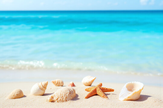 seashells and starfish on a sandy beach with the ocean in the background