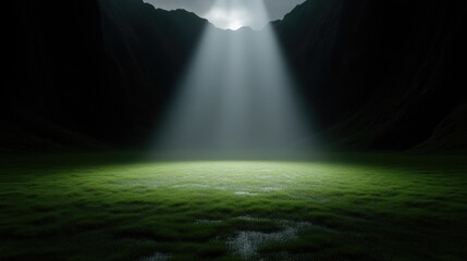 Sunlight streams into a dark cave, illuminating a grassy plain