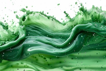 Vivid green fluid splash arcing upward, forming dynamic curves and smooth surfaces, isolated perfectly on white with high contrast and sharp edges concept