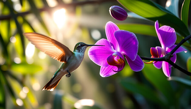 8K ultra-detailed close-up of a shimmering hummingbird hovering near a vibrant purple orchid, wings motion-blurred, tropical rainforest backdrop with sunbeams filtering through leaves