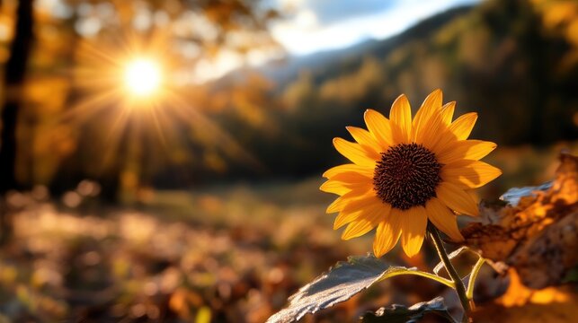 Golden sunflower in autumnal landscape. Sunlight shines through trees