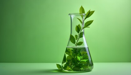 Green chemistry plant science research flask with leaves for natural product development study lab work