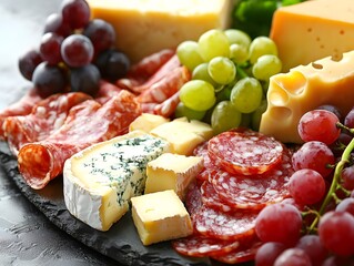 A charcuterie board featuring an assortment of cheeses, salami, and grapes.