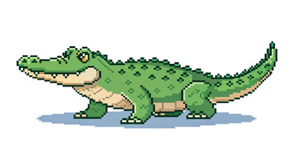 Obraz premium Pixel Art Cartoon Crocodile Smiling Standing On Ground Isolated On Transparent Background