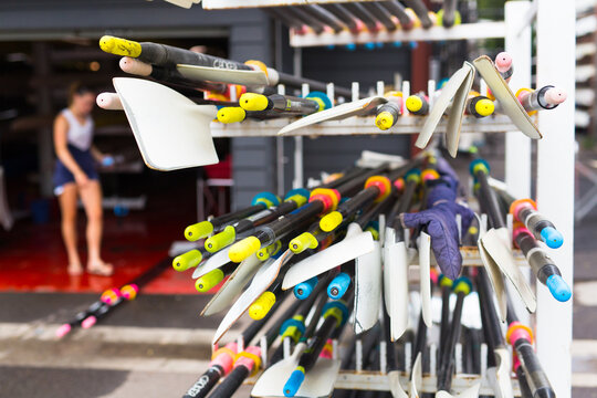 oars in a rack at a boat house