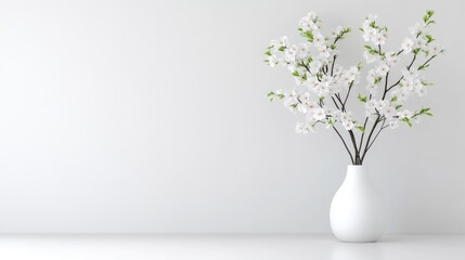 A white ceramic vase with delicate white flowers on a minimalist white surface, elegant and serene indoor decor, and bright and clean composition.