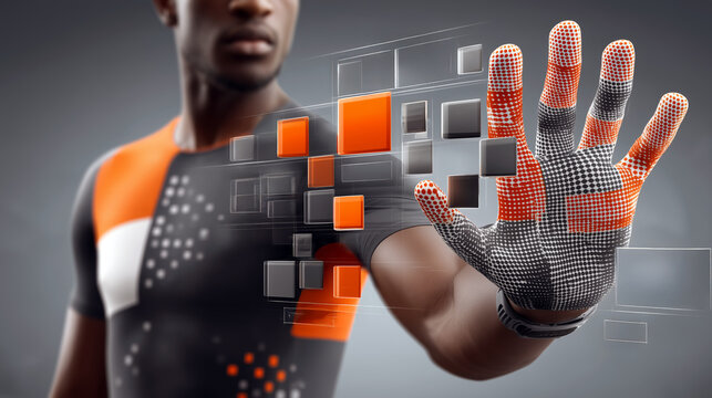 Smart fitness wearable technology glove and smart watch interactive displaying heart rate and training metrics. Generative AI