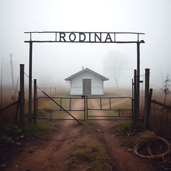 An abandoned farm from the USSR times. Above the gate there is an inscription in Russian kolkhoz Rodina. A dirt road, a small house with a boarded-up door, fog behind the broken gate. Selected focus