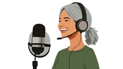Woman podcasting, smiling, microphone, studio, communication