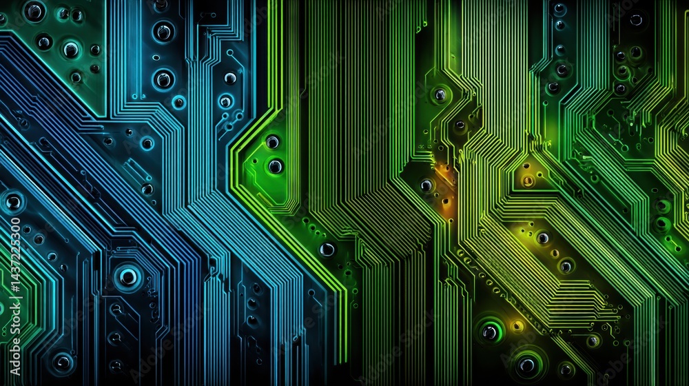 Poster Minimal Computer Circuit Board Design Featuring Blue and Green Neon Elements in a Flat View Capturing Intricate Technology Details