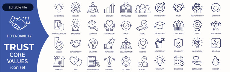 Trust line editable icon set. Containing trustworthy, confidence, credibility, promise, friends, truth, faith, honesty, core values, and more. Vector illustration