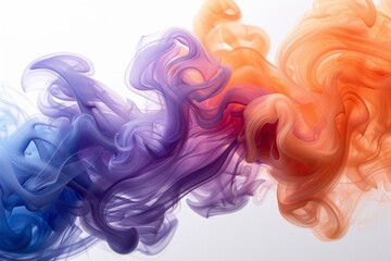 Vivid swirls of multicolor smoke interlacing in mid-air, captured in a high-contrast style against clean white space, forming chaotic harmony concept