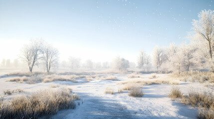Serene frosted landscape evoking calm and quiet winter morning solitude