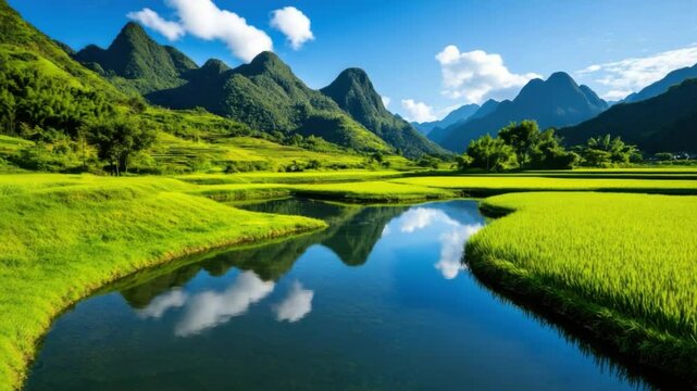 Serene Mountainous Reflection: A mesmerizing vista unfolds, as a calm river mirrors the vibrant green landscape and majestic mountains. It's a portrayal of tranquility and nature's grandeur. 