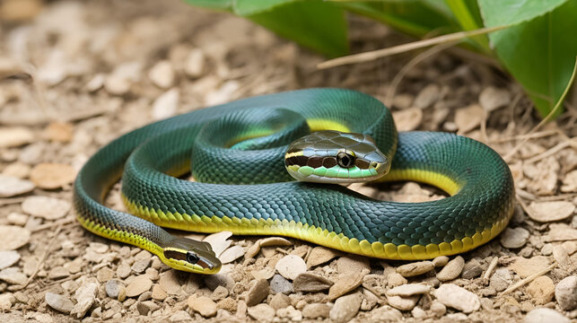 Dolichophis caspius snake crawling on the ground, 
Caspian whipsnake in summer scene