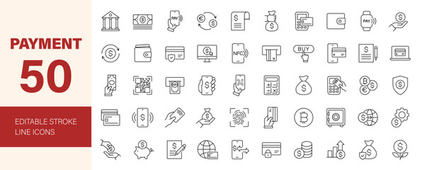 Payment icon set. Containing finance, money, banking, credit card, exchange, cash, payment methods, money transfer, bill, receipt, ATM, purchase and more. Editable line icons. Vector illustration.
