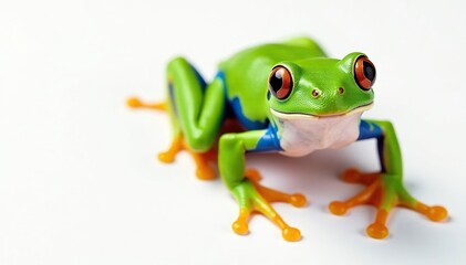 Obraz premium Green tree frog, perched on white, vibrant colors , skin, studio, tropical