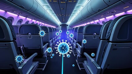 Futuristic Airplane Interior with Digital Virus Icons and Cleaning Technology in Flight Cabin - Health and Safety Concept

 - Powered by Adobe