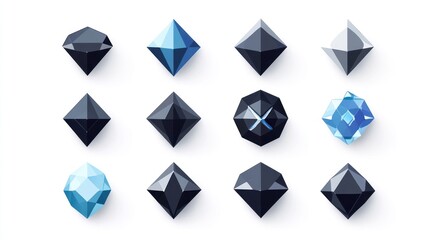 Geometric crystal gems collection, white background, game asset