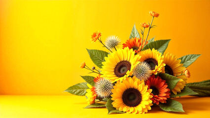 vibrant flowers arranged artistically with fluffy silver thistle flowers and delicate orange blossoms, all set against a solid bright orange background